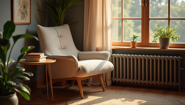 Eye-level view of a cozy reading nook with a soft armchair and a stack of books on a wooden side table