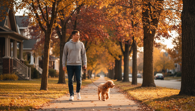 Wide-angle view of a person listening to an audiobook while walking on a quiet neighborhood sidewalk.