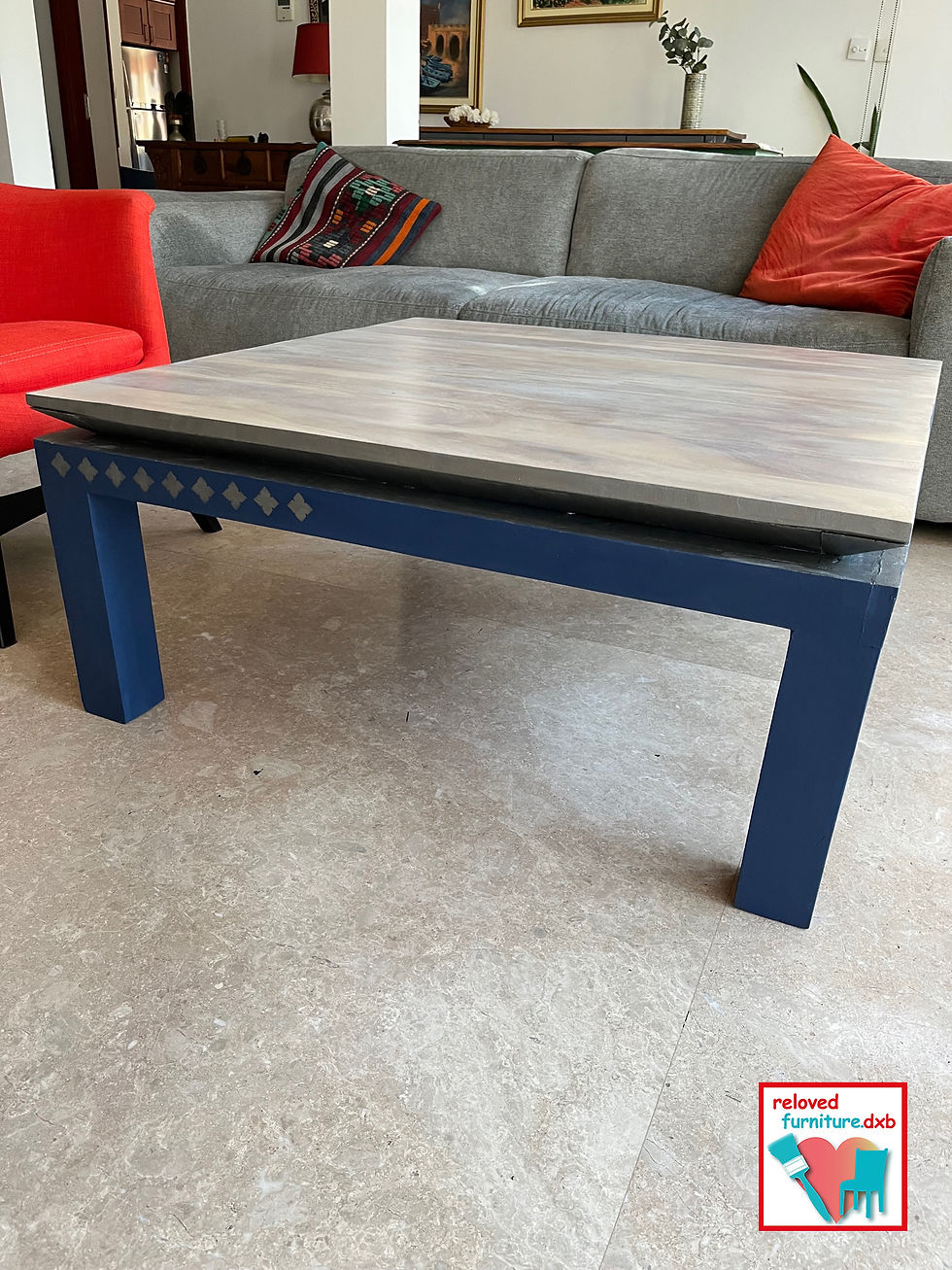 Thumbnail: restyled square coffee table in blue with white washed top