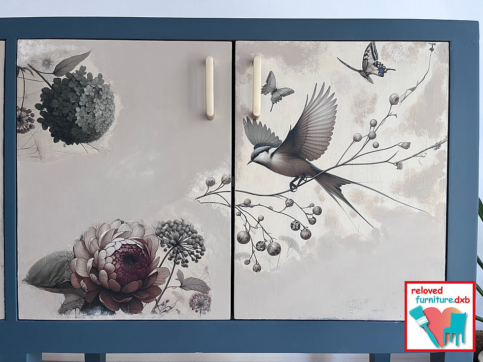 Thumbnail: Mid century style sideboard in teal blue with mix media