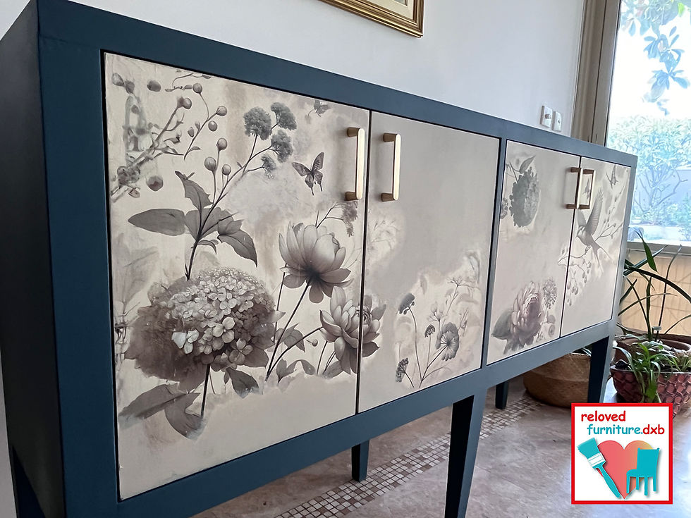 Thumbnail: Mid century style sideboard in teal blue with mix media