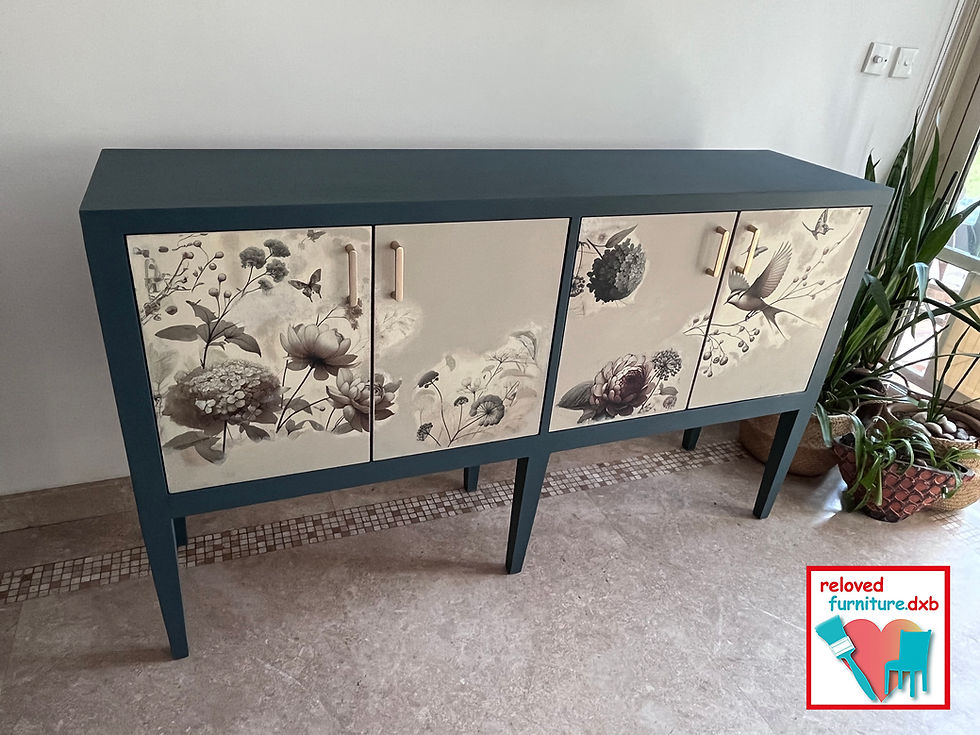 Thumbnail: Mid century style sideboard in teal blue with mix media
