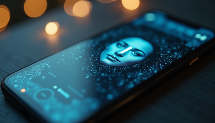 Eye-level view of a smartphone displaying facial recognition unlocking screen