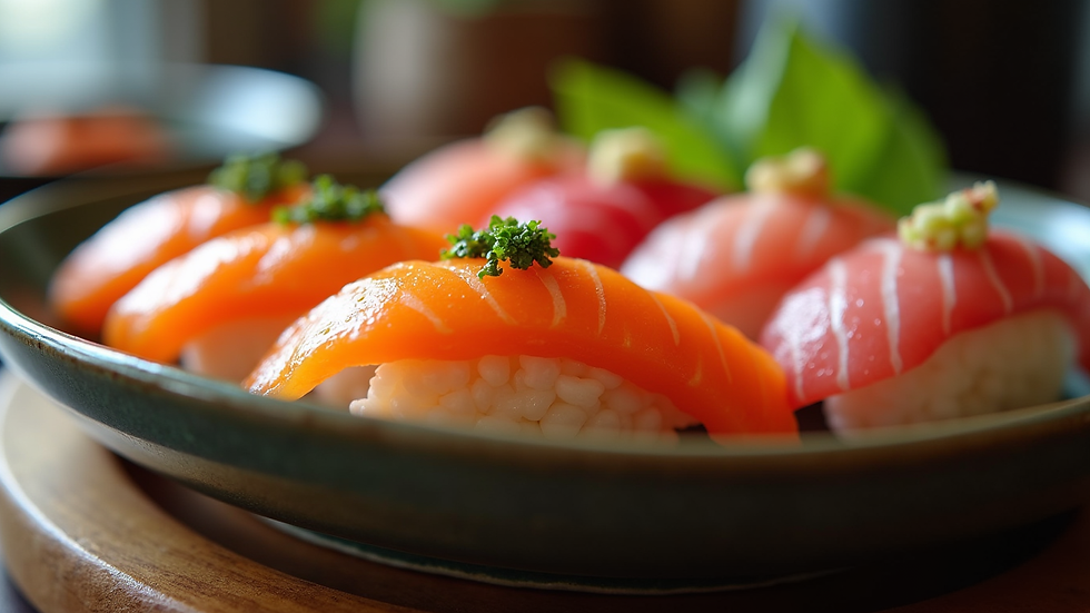 Eye-level view de sushi variado em bandeja tradicional