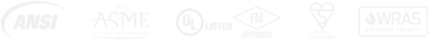 Certification logos: ANSI, ASME, ULFM, WRAS, and British Standard