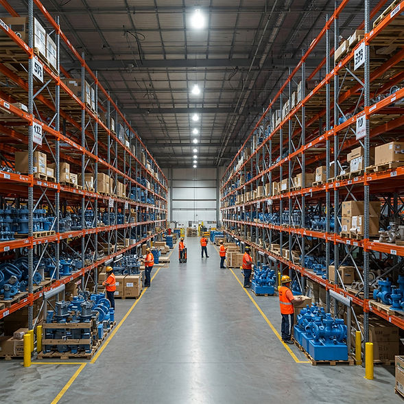 Warehouse workers manage inventory of a big factory of valves, pipes, fittings, flanges, etc. AI generated.