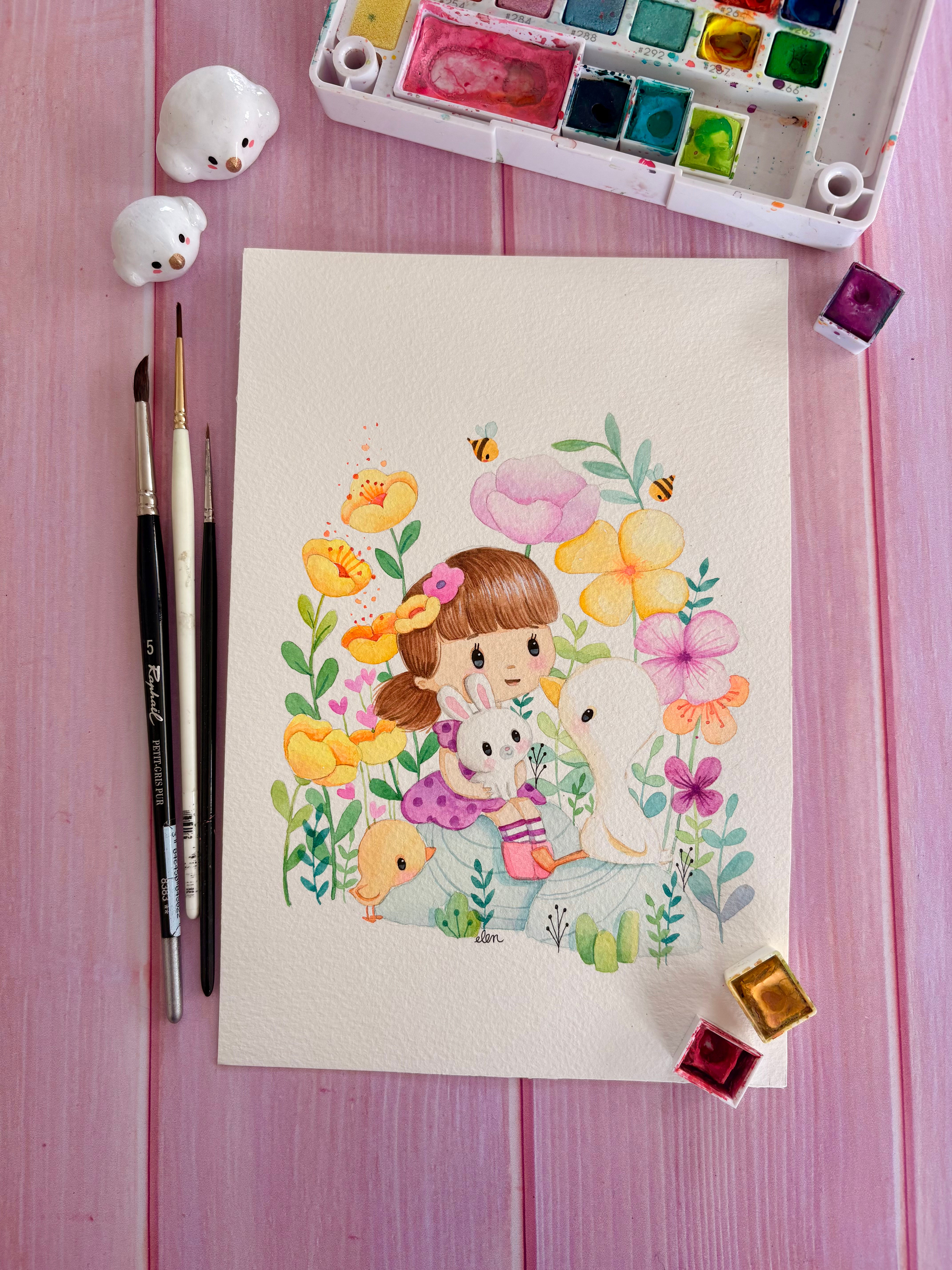 Aquarelle sous les fleurs