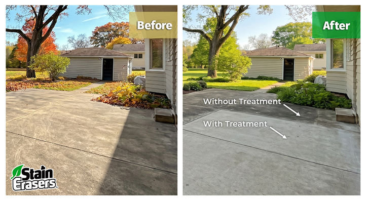 Before and After of a Residential Concrete Patio Cleaning by Stain Erasers.