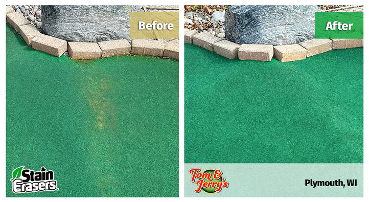 Before and After of a Putting Green Cleaning by Stain Erasers.