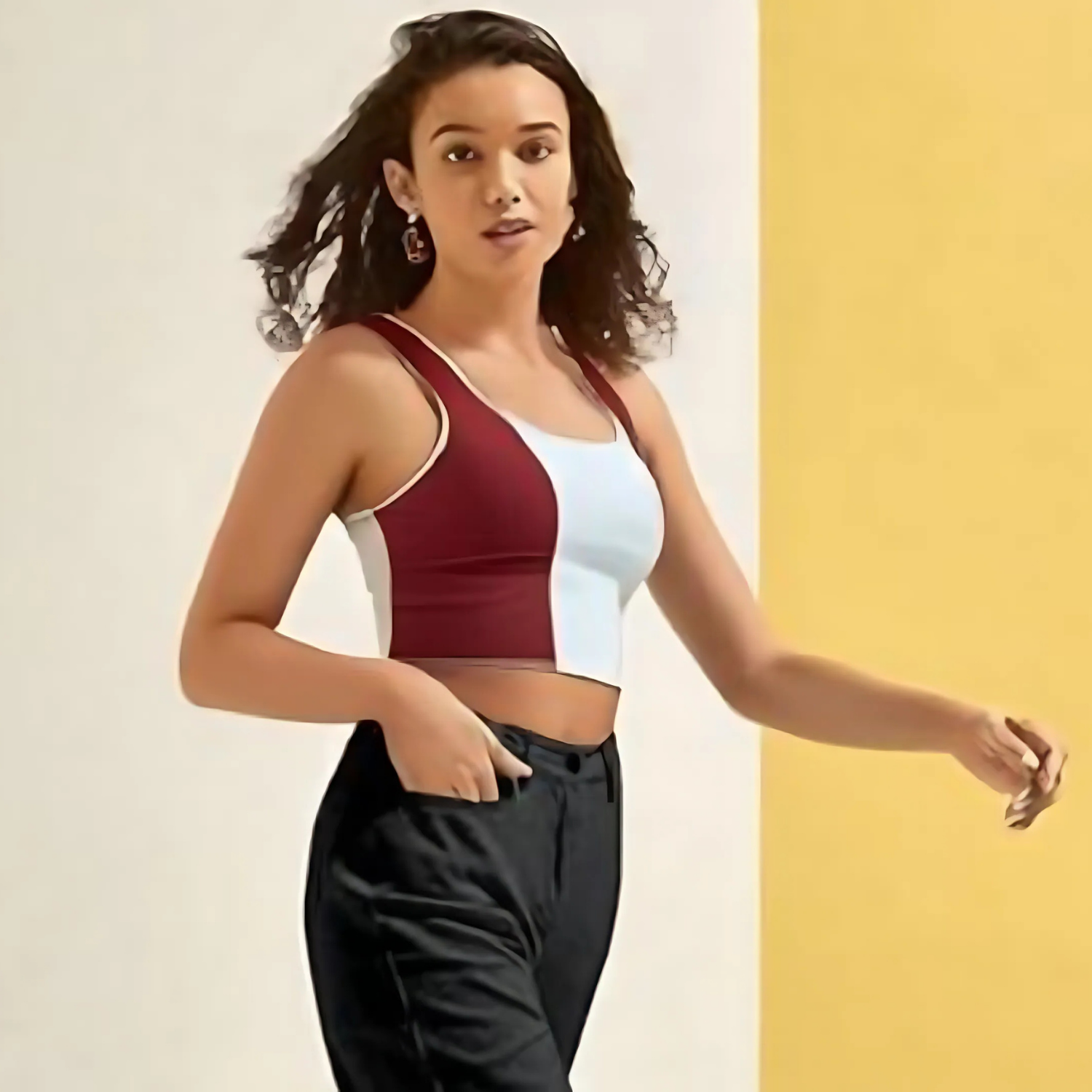 Color block off-white and maroon crop top for women