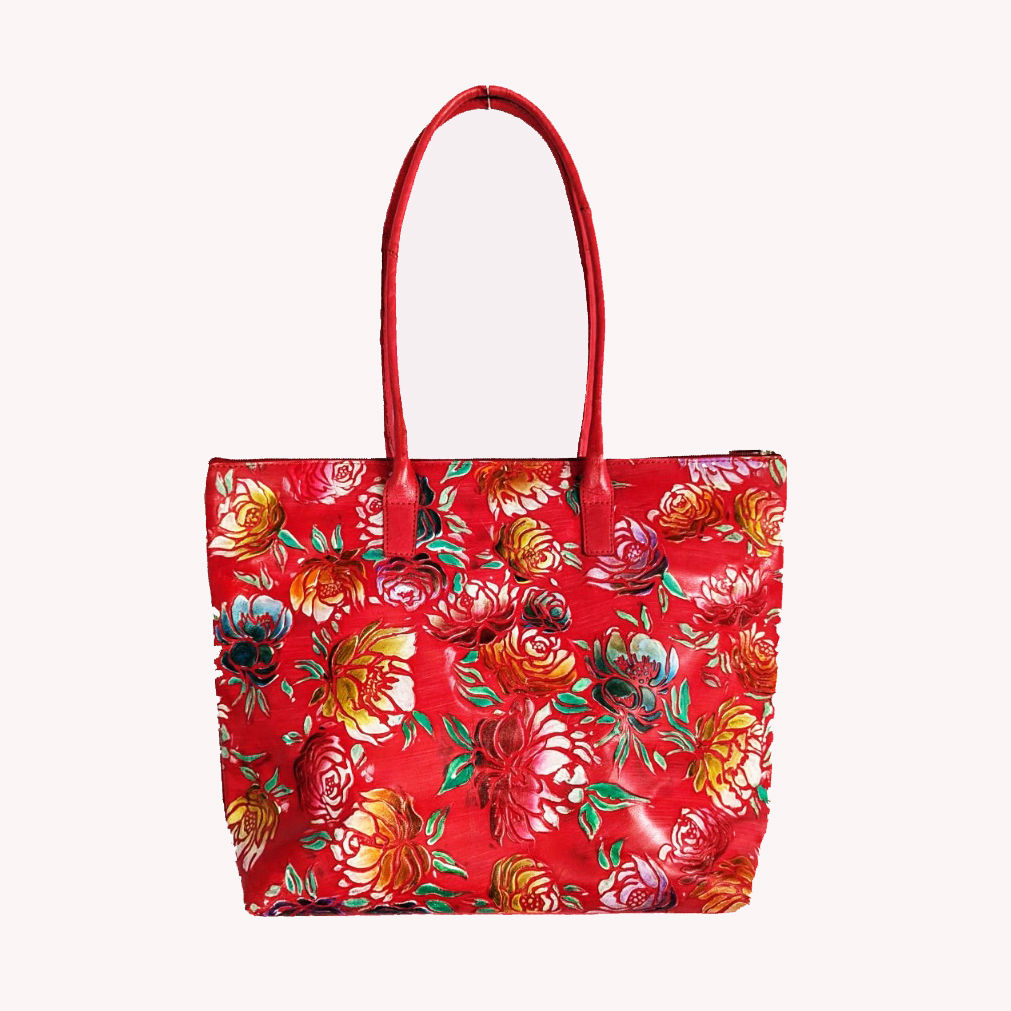 S 60500 FG - Leather hand painted, hand tooled, zip top underarm Tote