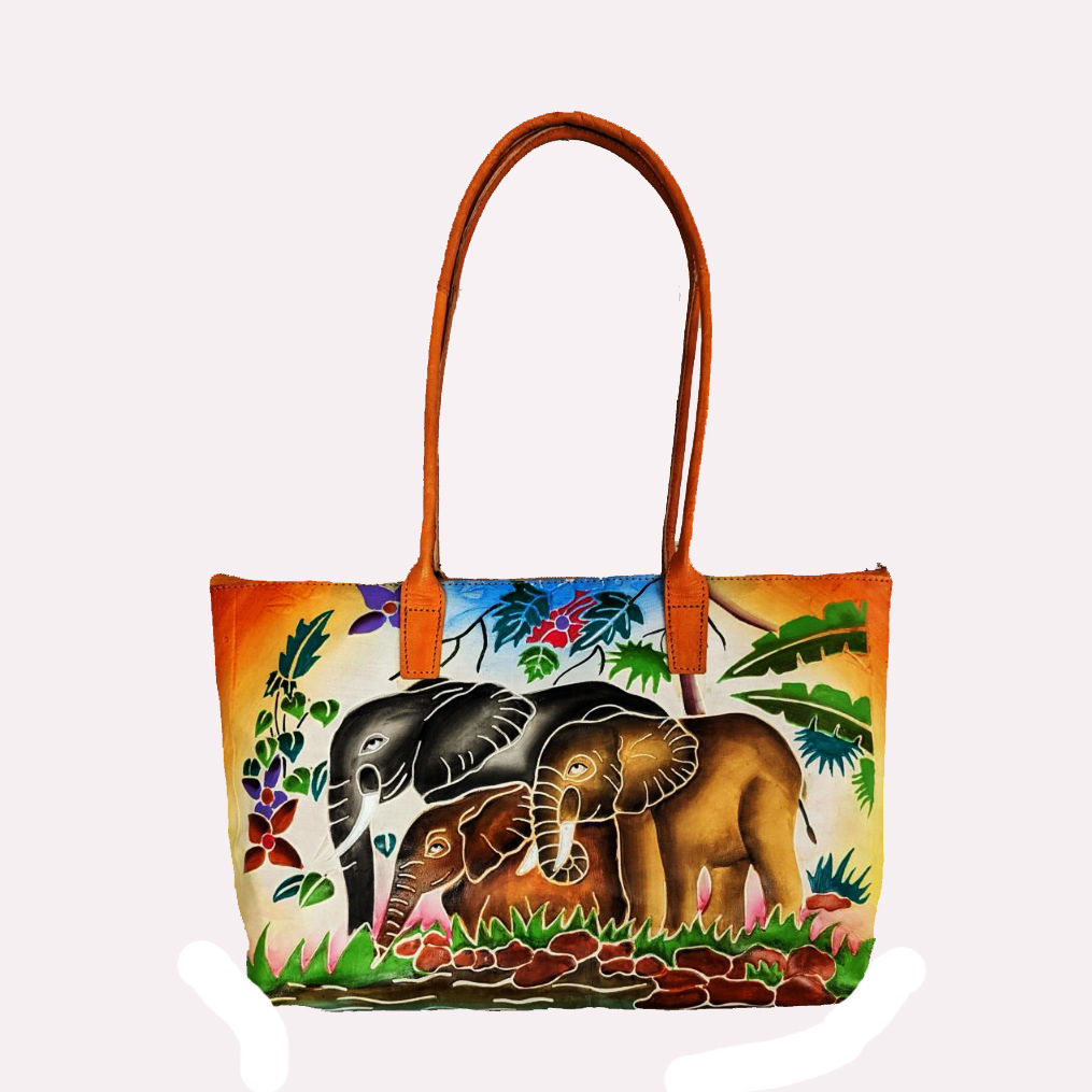 S 60054 EF - Leather hand painted, hand tooled, zip top underarm Tote