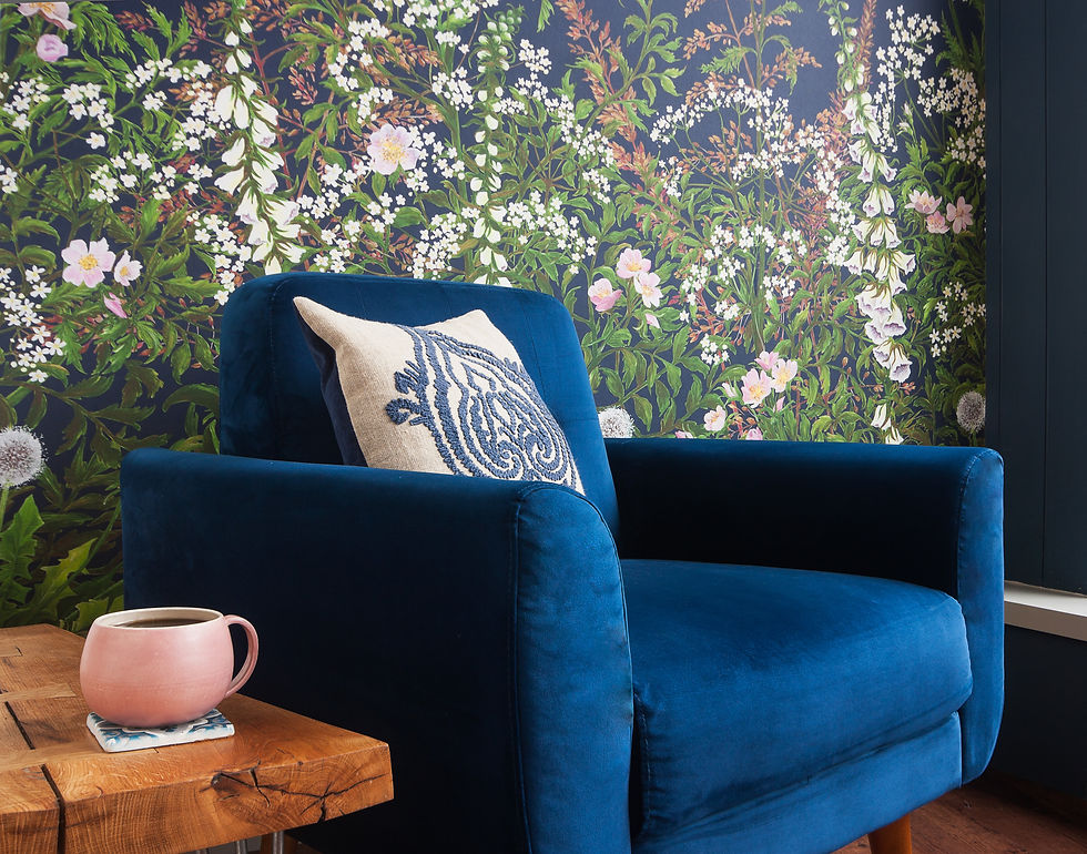 Thumbnail: blue chair in front of wildflower navy wallpaper