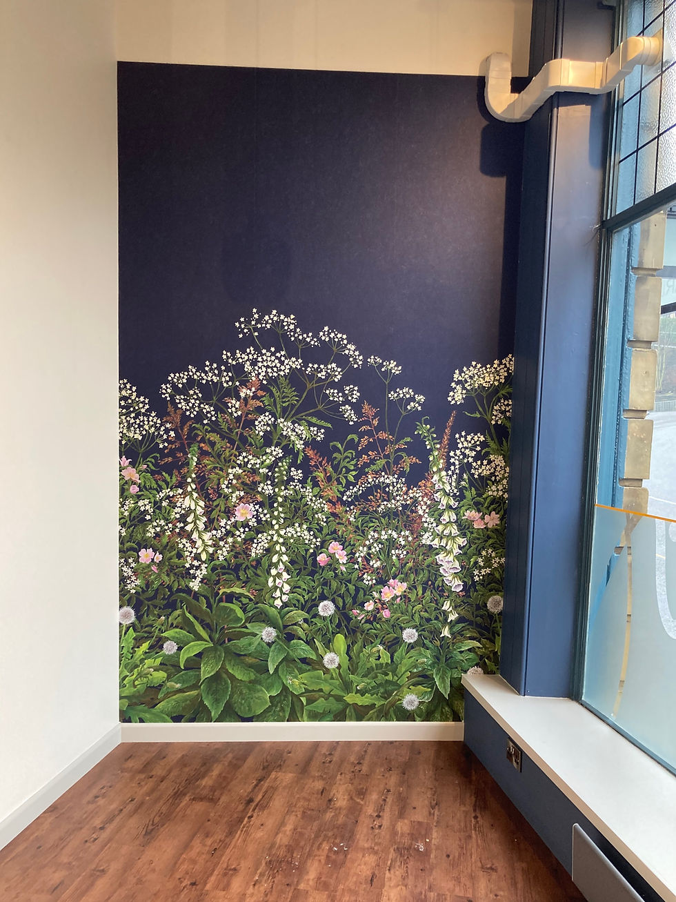 Thumbnail: dark blue wallpaper with wildflower wallpaper.