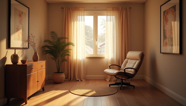 Eye-level view of a quiet therapy room with a comfortable chair and soft lighting