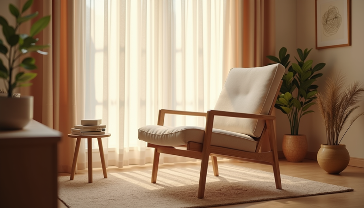 Eye-level view of a quiet therapy room with a comfortable chair and soft lighting