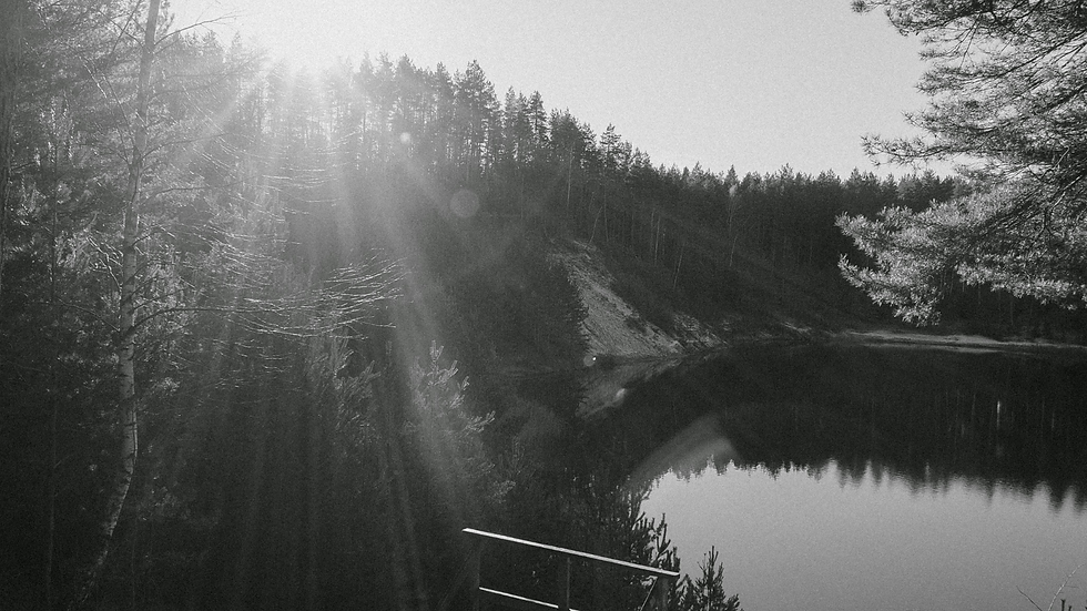 Waldsee mit Sonnenlicht durch die Bäume — Bild für den ruhigen, offenen Raum, in dem Atemarbeit stattfindet.