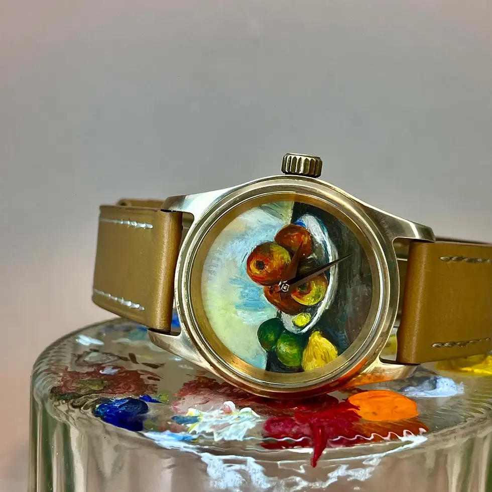 Miniature : Montre d'art Cézanne posée, cadran peint Nature morte aux pommes, pièce de métier d'art horloger