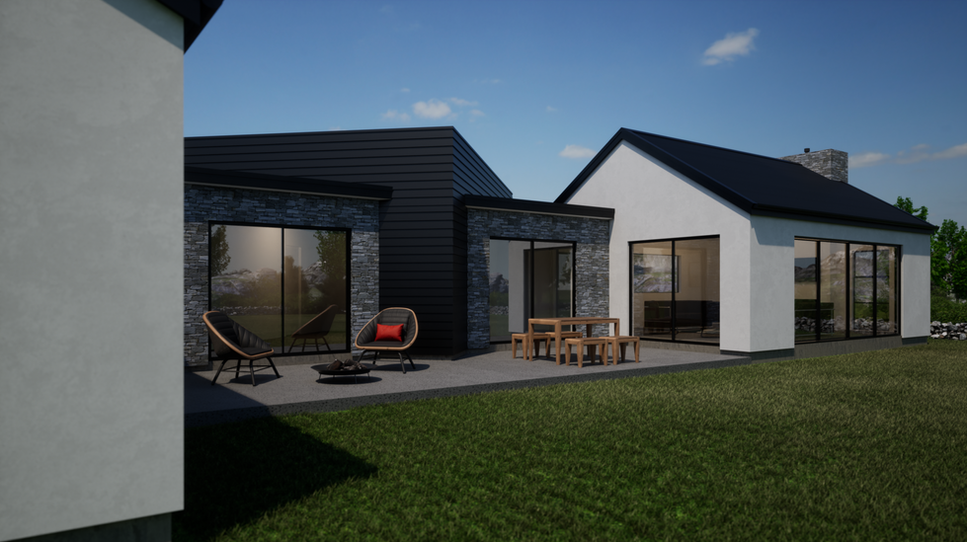 Modern house featuring a unique stone connection between sections and an angular protrusion, creating a striking architectural design.