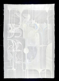 "Heritage" by Karolina Duchnowska. This large-scale, 2024 abstract piece visualizes a robotic, AI framework, preserving the delicate, flowing essence of human life. Elevate your space with this calm, contemplative, and contemporary painting in size: 170x117 cm. 