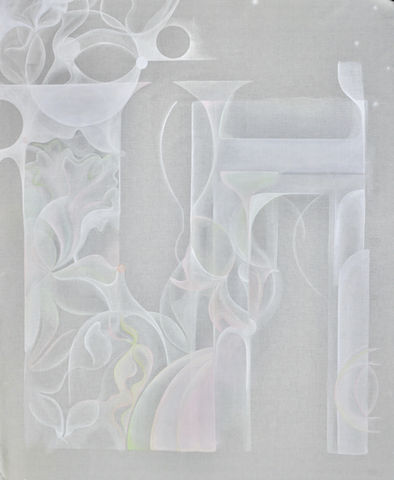 “To the Moon”  a large-scale abstract painting by Karolina Duchnowska (2024) Mystical organic shapes are overflowing and merging with steady, monochromatic geometric pillars and arches, underscoring the unbound potential and freedom of imagination rooted in reality. In size: 142x117 cm. 