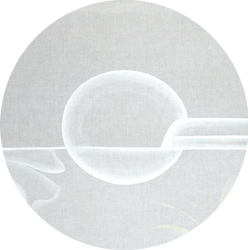 "Serendipity," a 2024 serene abstract painting by Karolina Duchnowska, is dedicated to the moments of unexpected joy and the feeling of chance harmony. The composition features a central, bubble-like orb and sharp horizontal lines juxtaposed with large, flowing, biomorphic forms rendered in almost invisible whites and pale tones. In size: 150x77 cm.