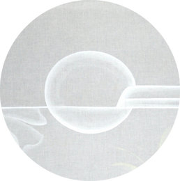 "Serendipity," a 2024 serene abstract painting by Karolina Duchnowska, is dedicated to the moments of unexpected joy and the feeling of chance harmony. The composition features a central, bubble-like orb and sharp horizontal lines juxtaposed with large, flowing, biomorphic forms rendered in almost invisible whites and pale tones. In size: 150x77 cm.