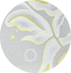 Karolina Duchnowska painting, Dawn, 2023. Abstract composition featuring interconnected, rounded white and pale yellow forms with a large yellow orb suggesting the sun, all set against a textured raw cotton canvas with small bright spots. In size: 80x60 cm.