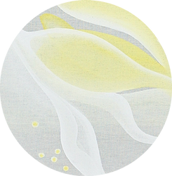 Threshold is a painting by Karolina Duchnowska with a muted, calming color palette on a natural raw cotton canvas. It is an example of modern, minimalist, abstract fine art in size: 100x48 cm.