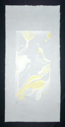 Threshold is a painting by Karolina Duchnowska with a muted, calming color palette on a natural raw cotton canvas. It is an example of modern, minimalist, abstract fine art in size: 100x48 cm.