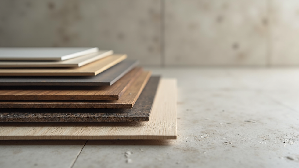 Close-up view of stacked architectural finish samples including tiles and wood
