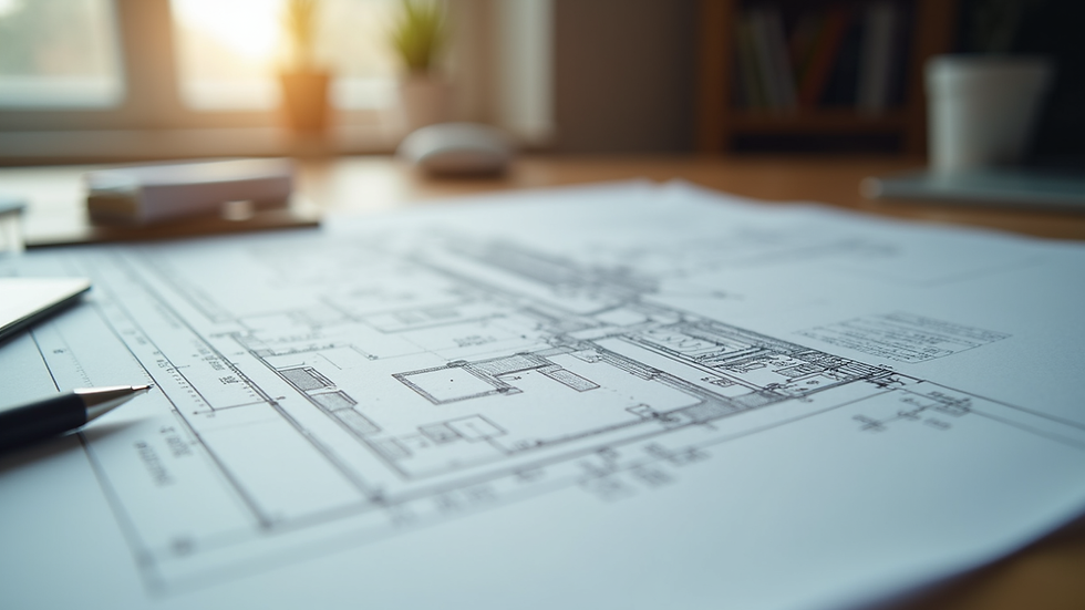 Close-up view of architectural drawings on a desk with a scale ruler