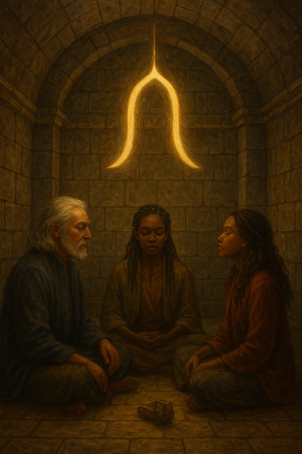 No interior da Torre da Cela, Kaela, Imani e Tariq sentam-se no Quarto da Última Palavra. Ao respirarem com intenção, as letras recolhidas transformam-se em morada interior. E do teto desce Ulam — a letra que acolhe como casa e silencia como abraço.