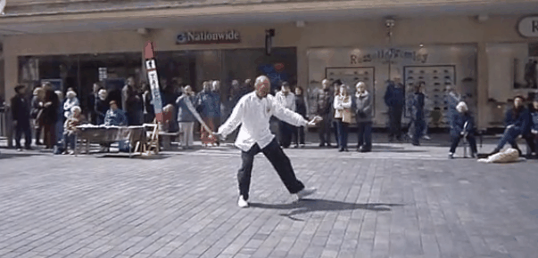 Sifu Colin Stevens demonstrating the Dao form (Broadsword) for World Tai Chi Day in Exeter.