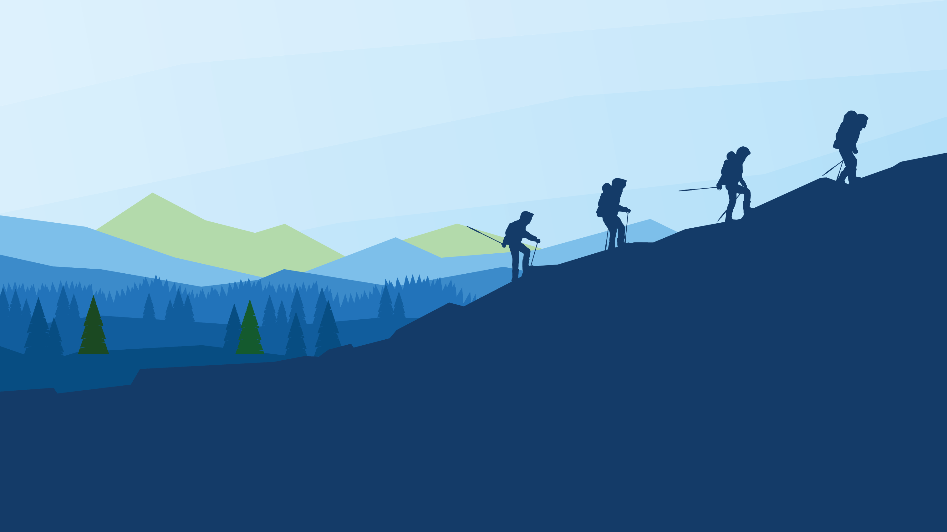 Four people being guided on a hike up the mountain. The words "A Team Devoted to your Success." The Chrysalis Logo and the words "We can guide you on your Journey. People caring for and about people."