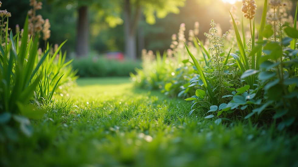 Eye-level view of a lush green garden with diverse plants