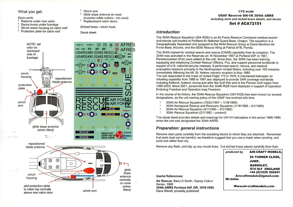 Thumbnail: Air-Craft Models ACA72151 Bell UH-1H USAF 304th Rescue Sqn USAF detail set.