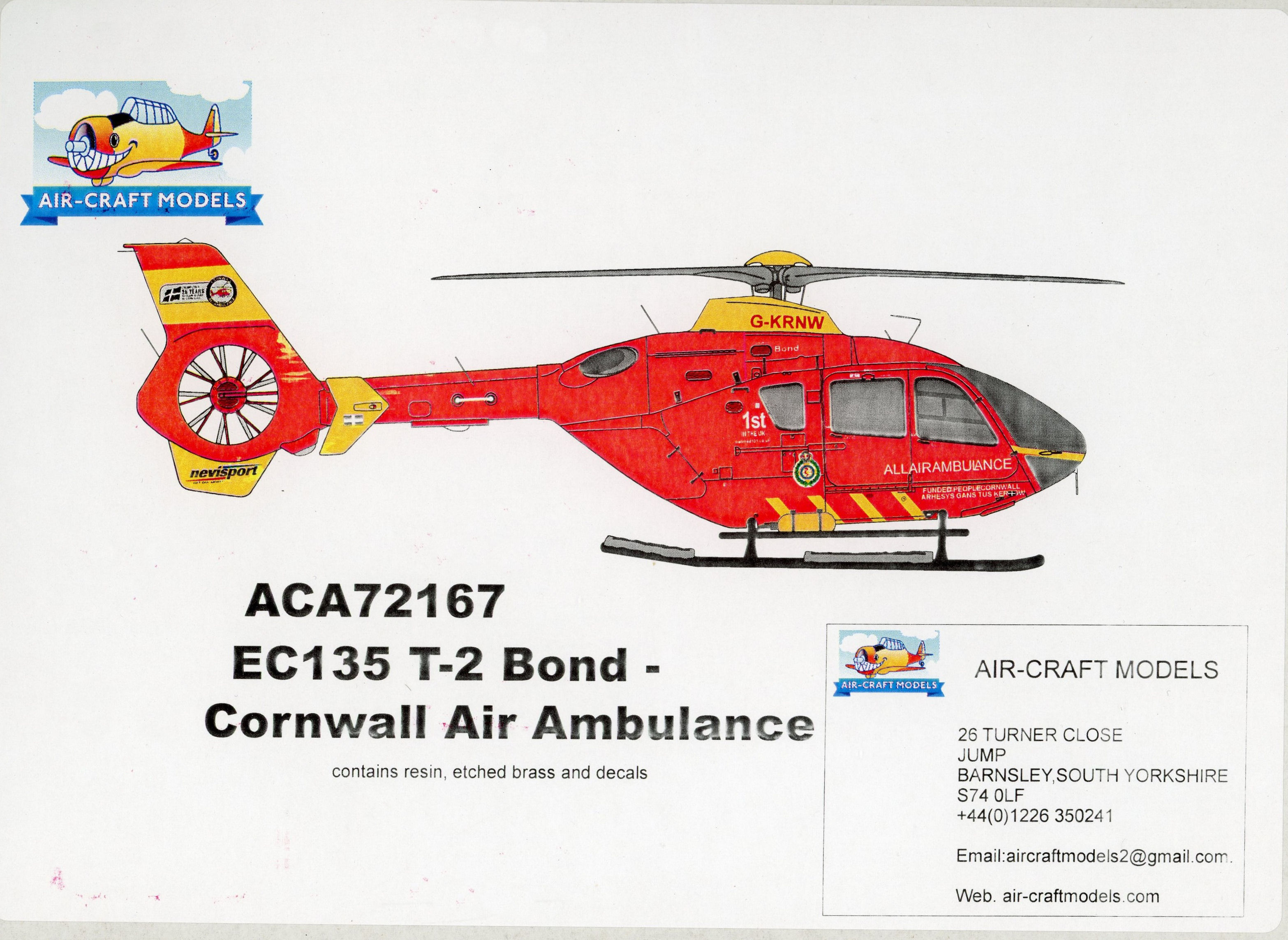 Air-Craft Models ACA72167, Eurocopter EC.135, Cornwall Air Ambulance resin update set in 1/72 scale.