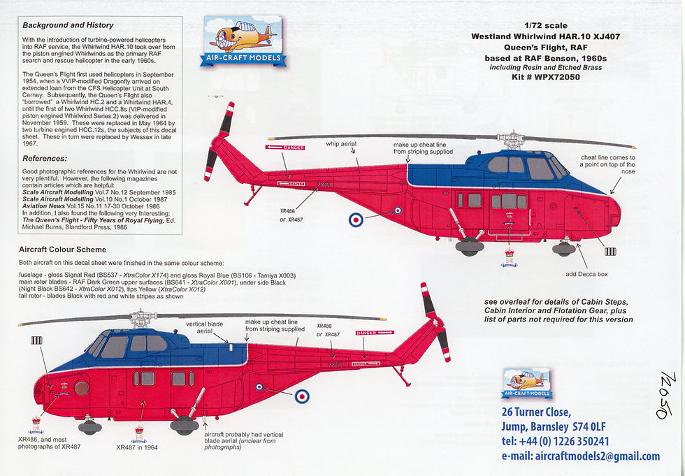 Thumbnail: ACK72050 Westland Whirlwind HCC.12 XR846 Queen's Flight, RAF Benson Model Kit Product Information