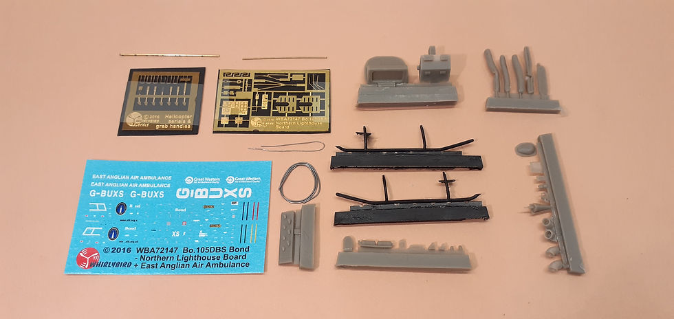 Air-Craft Models ACA72147, a resin, photo-etch & decal detail set for the MBB Bo.105 G-BUXS helicopter, operated by Bond Heli