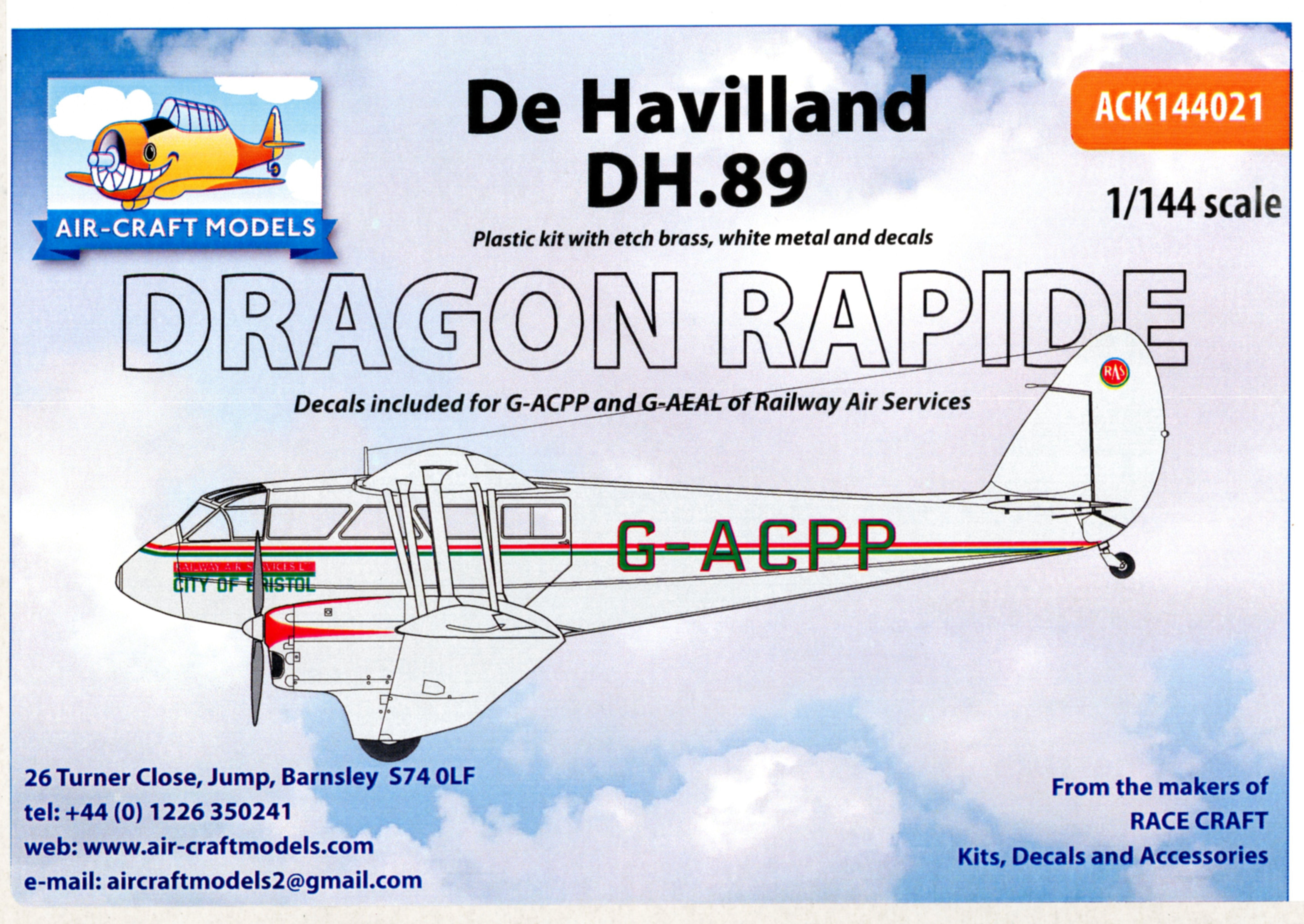 Air-Craft Models ACK144021, De Havilland DH.89 Dragon Rapide. This 1/144 scale resin construction kit features aircraft opera