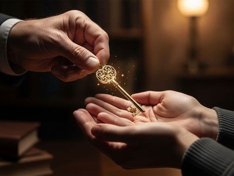 一隻年長的手將金色鎖匙交給年輕的手,象徵利用保險進行財富傳承規劃。