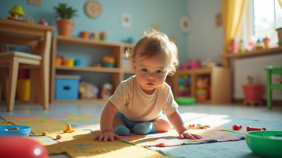 Eye-level view of a colorful playroom filled with toys and learning materials