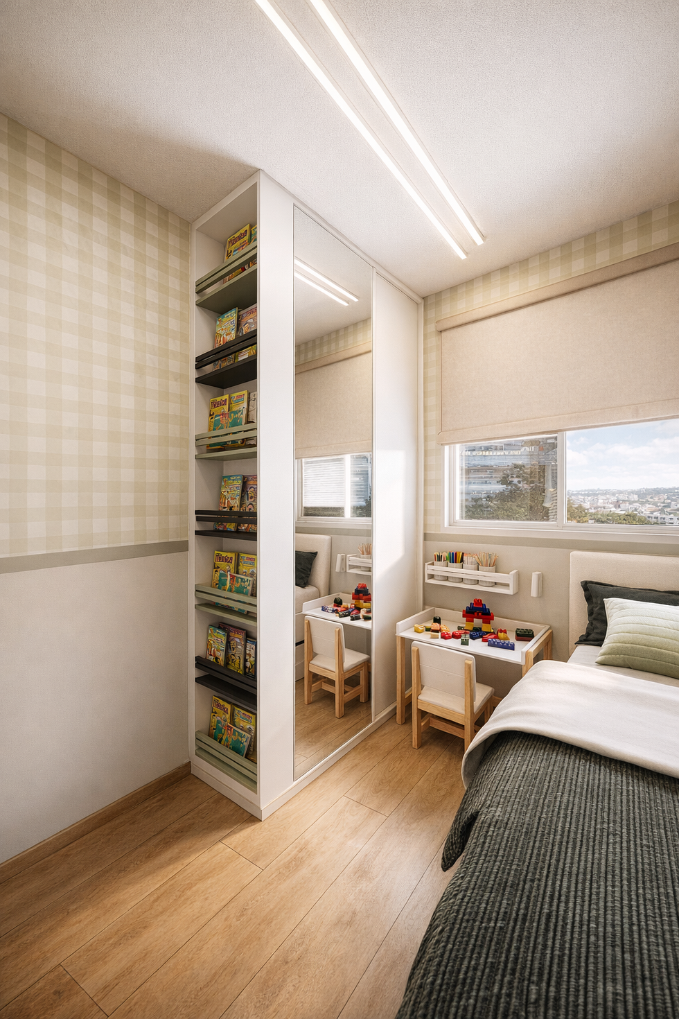 Sala de estar em cobertura no Arcos Itaquera, com layout integrado, tons neutros e marcenaria planejada que valoriza o conforto.