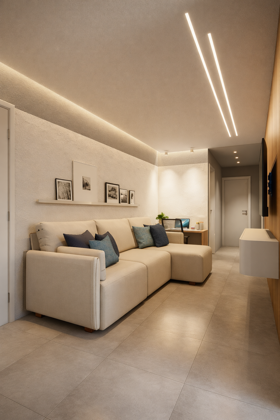 CSala de estar em cobertura no Arcos Itaquera, com layout integrado, tons neutros e marcenaria planejada que valoriza o conforto.