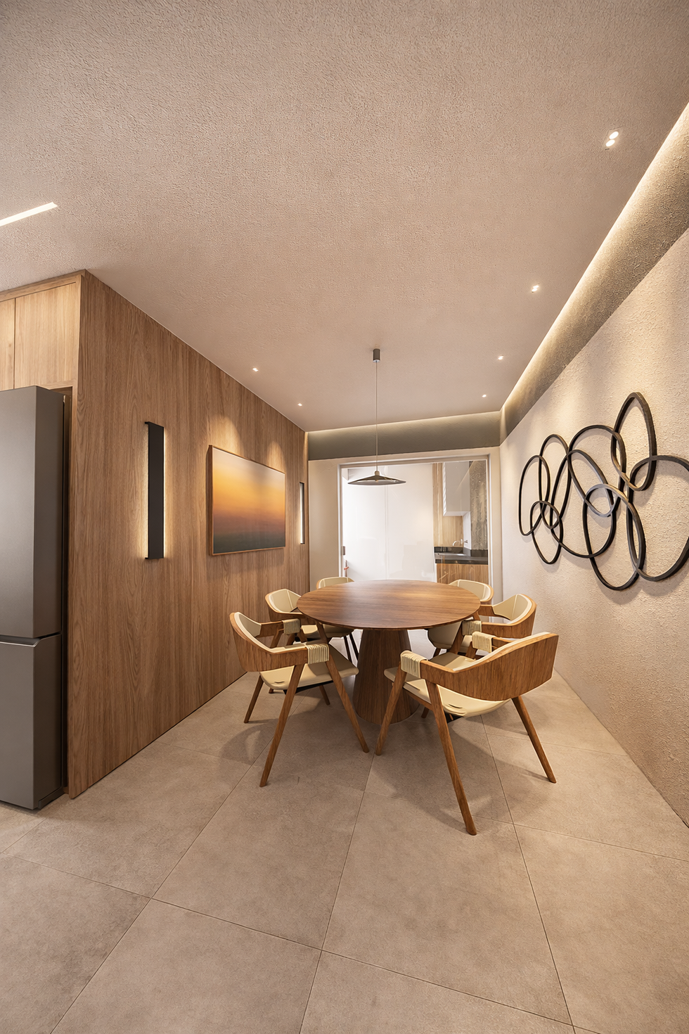 Sala de estar em cobertura no Arcos Itaquera, com layout integrado, tons neutros e marcenaria planejada que valoriza o conforto.