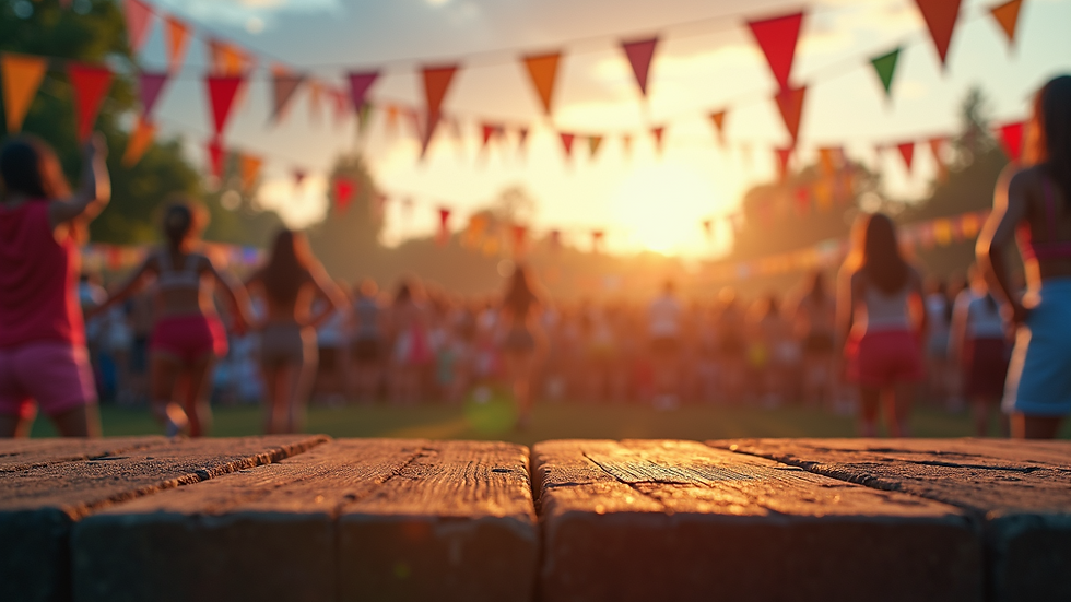 Close-up view of a lively outdoor festival stage with colourful decorations
