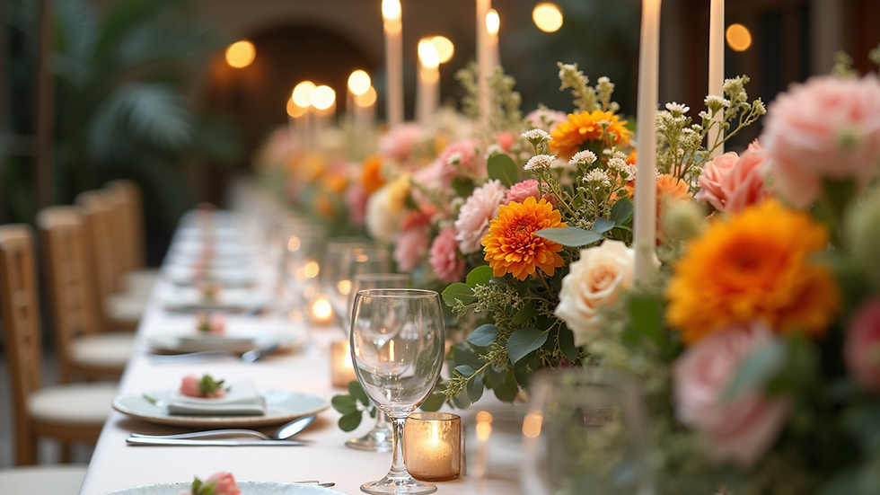 Eye-level view of a beautifully decorated event table with vibrant floral centrepieces