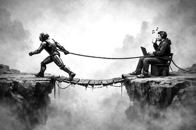 A black and white illustration of a robot pulling a vibe coder across a rickety bridge over a chasm via a rope tied to both