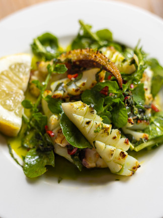A macro shot of an octopus dish on a white plate. The octopus is mixed in with green leaves and on the left side of the plate there is a slice of lemon.